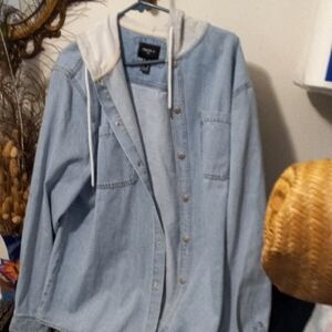 Forever 21 Blue Denim Shirt Jacket With Hoodie